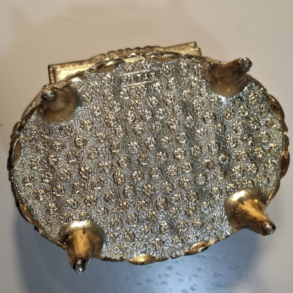 🕊Vintage Gold & Silver Hummingbird Flower Etched Footed Jewelry Trinket Box
